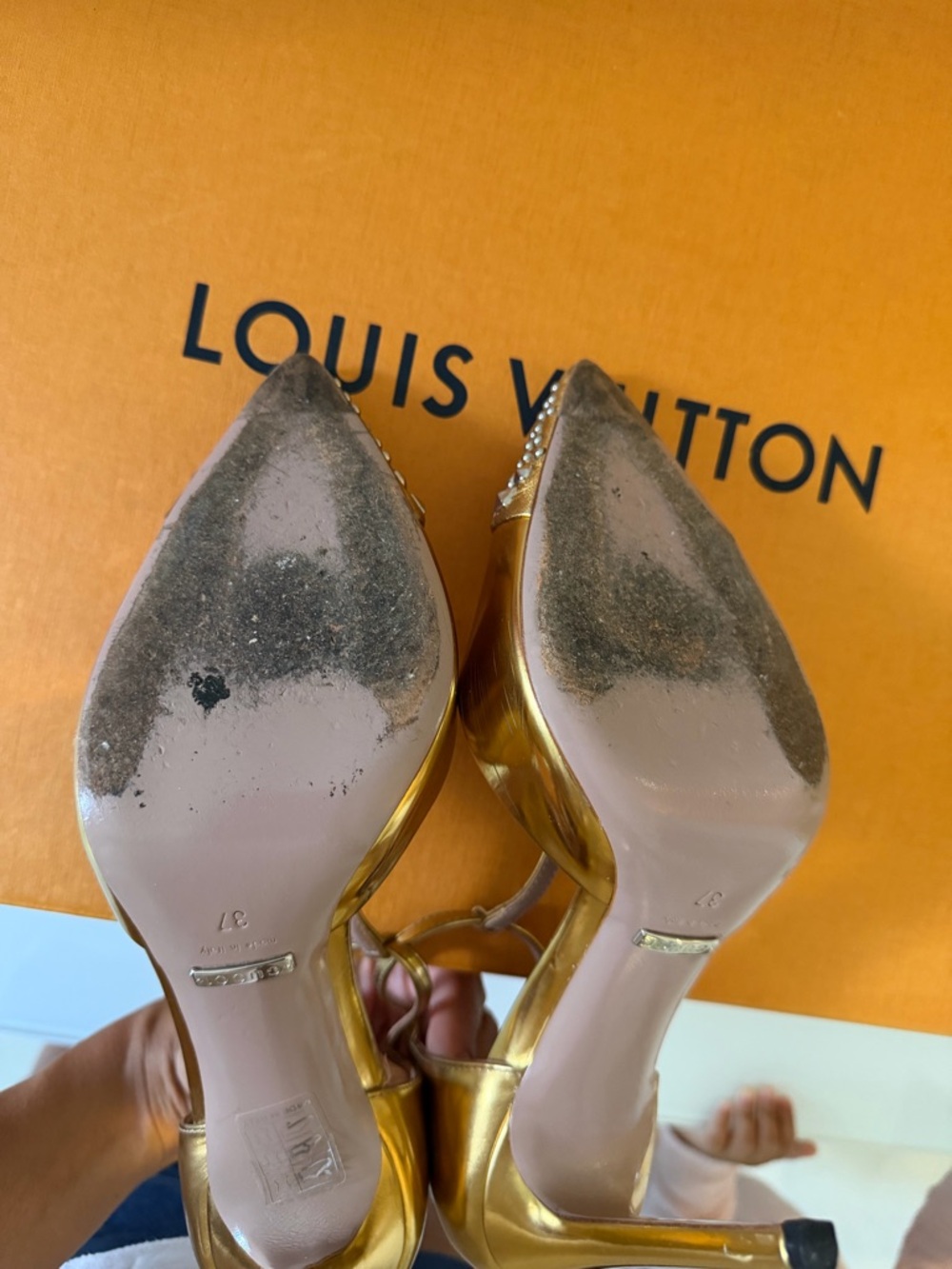 Gucci Metallic Gold Studded Pointed-Toe T‑Strap Stilettos - Picture 14 of 16